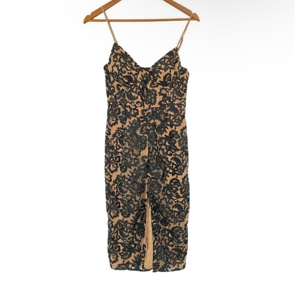 Lovers + Friends Black Lace Overlay Midi Cocktail Dress Nude Lining Slit NWT Sml - Picture 2 of 9